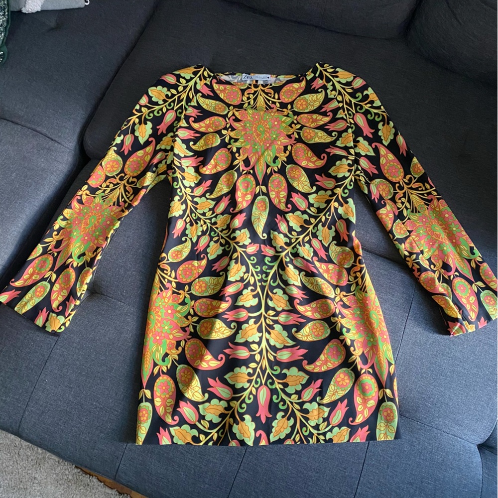 Multicolor Paisley Print Long Sleeve Zara Mini Dress - Size L